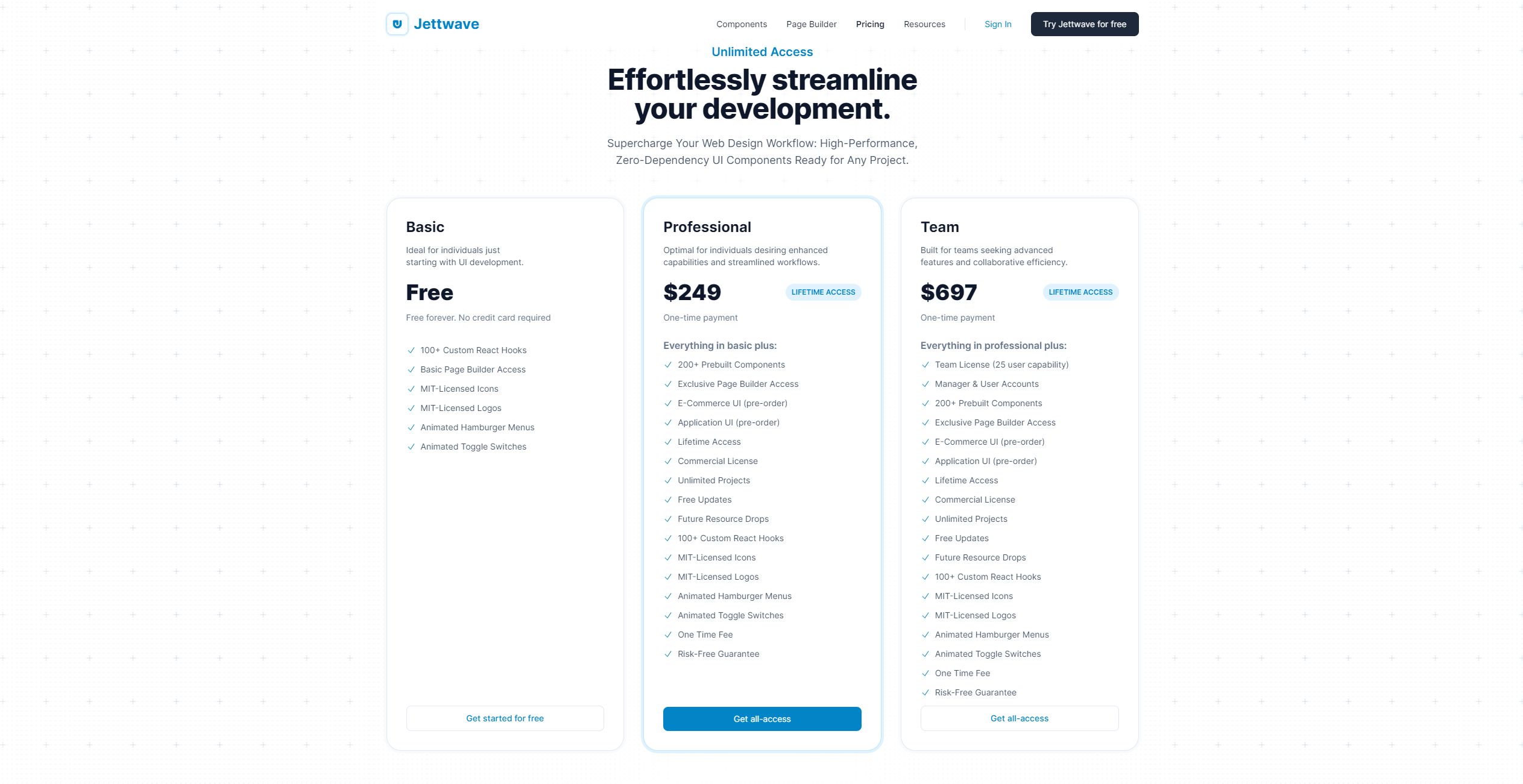 An image of Jettwave's pricing page